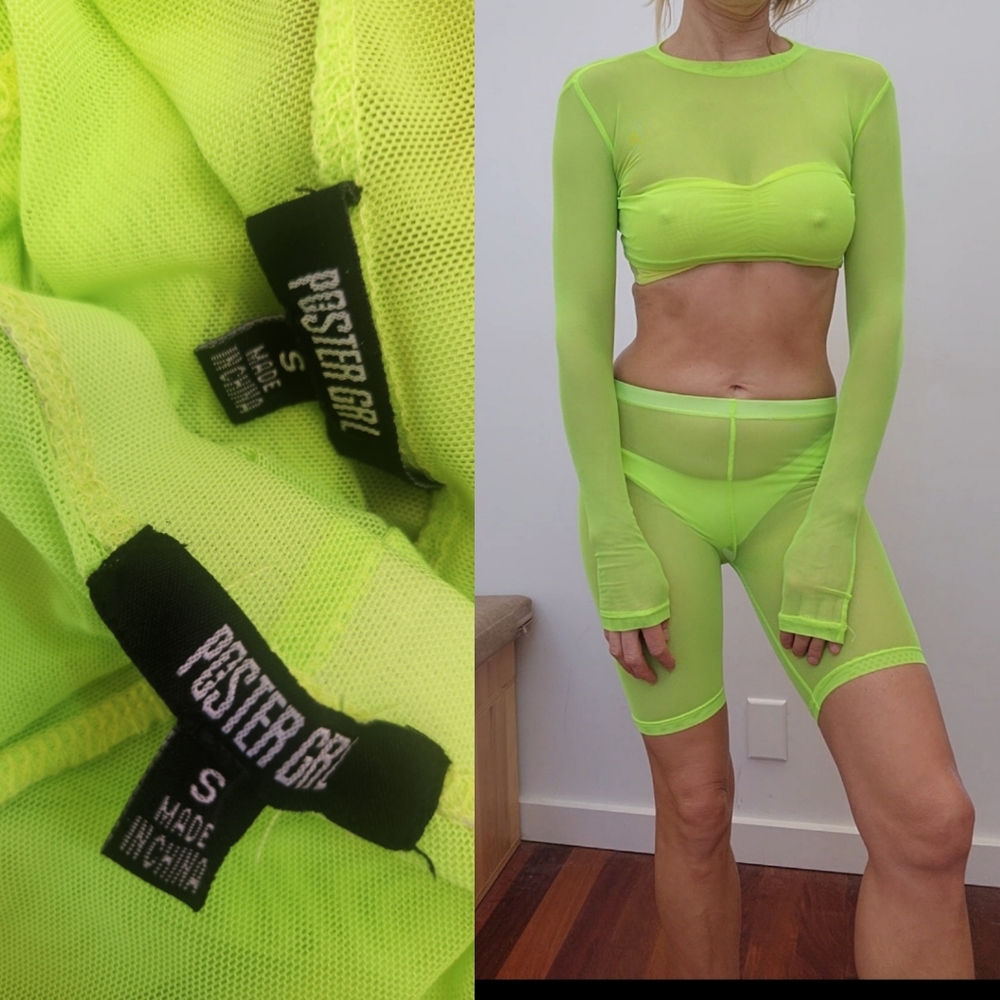 Poster Girl neon green festival fluoro slime sheer mesh top + shorts s fits xs
